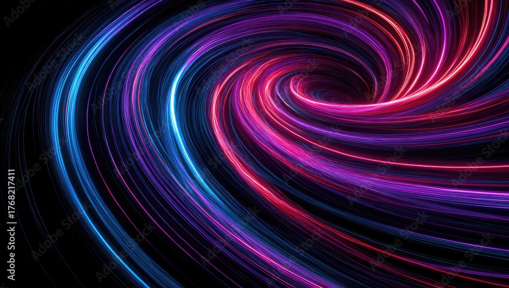 Fototapeta premium Abstract vortex of swirling neon blue, purple, and red light trails on black