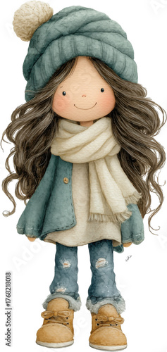 Warm Winter Cheer: A charming illustration depicts a delightful young girl, warmly bundled in winter attire. The illustration radiates coziness and captures the spirit of winter with a cheerful vibe.