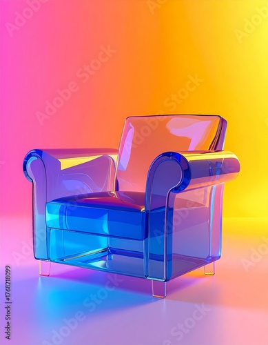A modern transparent blue armchair made of acrylic or glass, set against a vibrant pink, orange, and yellow gradient studio background.