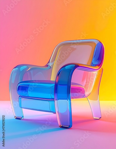A modern transparent blue armchair made of acrylic or glass, set against a vibrant pink, orange, and yellow gradient studio background.