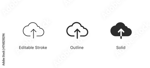 Upload cloud icons set: editable stroke, outline, and solid styles. for UI, web, and app design. Cloud upload Icons for data storage, backup, and file transfer concepts
