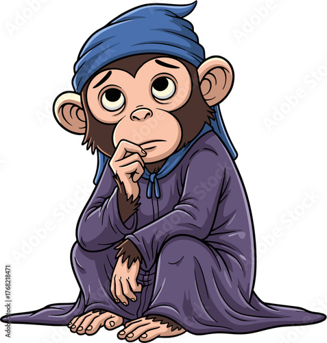 Cartoon illustration of a pensive young monkey in a nightgown and cap, looking up with a thoughtful or sad expression while thinking