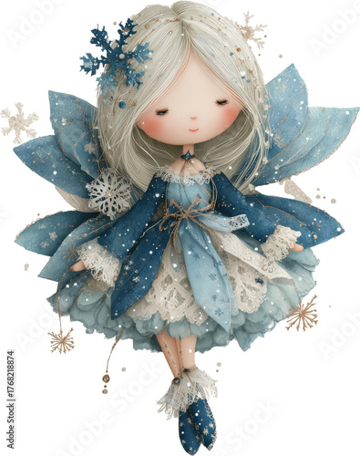 Winter Fairy's Grace: An enchanting illustration of a winter fairy, adorned in delicate icy attire and surrounded by glistening snowflakes, embodies the serenity and magic of the winter season.