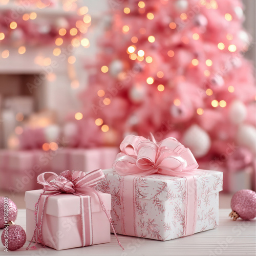 Pastel Pink Christmas Gifts with Elegant Tree and Warm Bokeh Lights – Soft Festive Holiday Scene