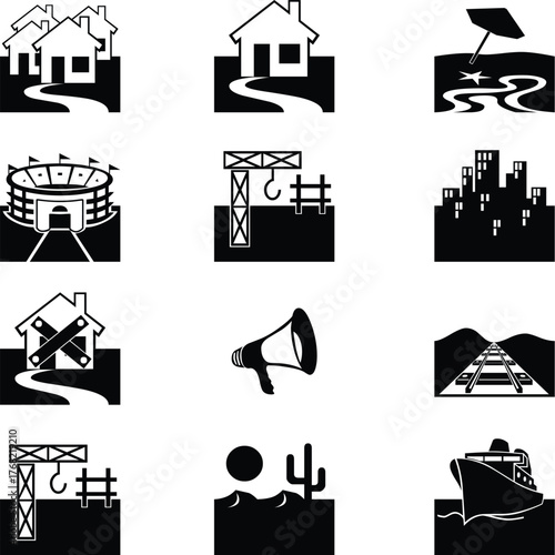 Black City and Construction Webdings Icon Set Silhouette Illustration Vector