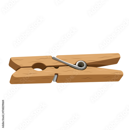 Single Wooden Clothespin Illustration Isolated on White Background