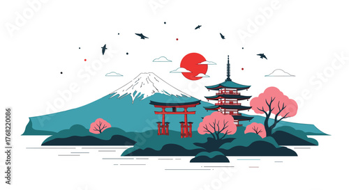 Iconic Japanese landscape with Mount Fuji, a pagoda, and cherry blossoms under a red sun.