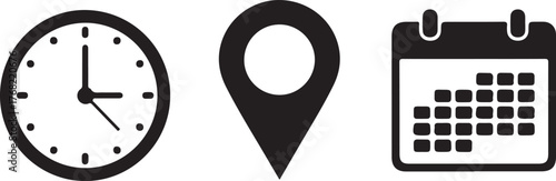Clock Location Pin and Calendar Icons Black and White Keywords: clock, time, calendar, date