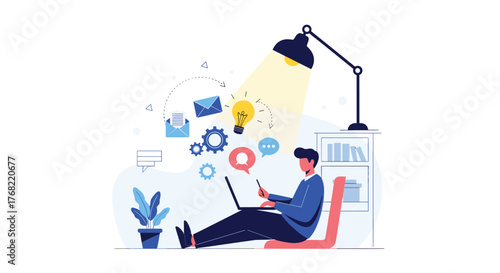 Young man working on a laptop under a desk lamp with idea and communication icons floating above.