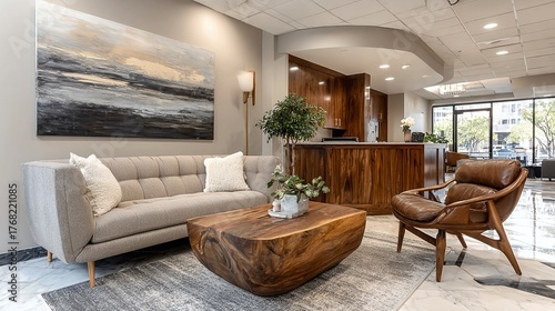 Welcome guests to this modern lobby with a comfortable sofa, unique wooden table, and stylish leather chair – perfect for an upscale waiting area or reception space