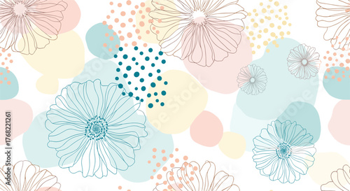 Seamless pattern of stylized daisy outlines with abstract pastel blobs and dots.