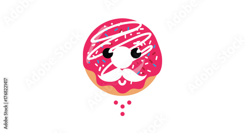 Cute cartoon donut character with a mustache and sprinkles, against a white background.