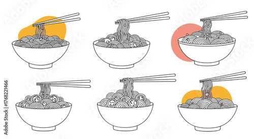 Collection of simple line art illustrations of bowls of noodles with chopsticks and colorful abstract shapes.
