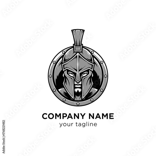 A striking monochrome logo featuring a Spartan warrior's helmet and face within a circular shield.