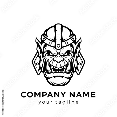 Black and white illustration of an angry orc head wearing a helmet, featuring sharp teeth and pointed ears, suitable for a mascot or logo design.