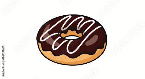 A cartoon illustration of a chocolate frosted donut with white icing drizzle on a white background.