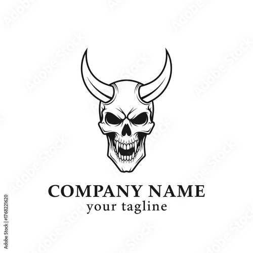 A black and white illustration of a demonic skull with sharp teeth and horns, suitable for a logo.