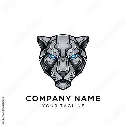 A futuristic robotic panther head logo design with glowing blue eyes and metallic textures, suitable for a modern company brand.