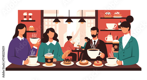 People enjoying coffee and pastries together in a cozy cafe with warm lighting.