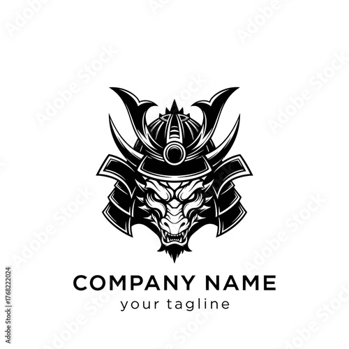 A fierce dragon head wearing a traditional Japanese samurai helmet, designed as a black and white company logo.