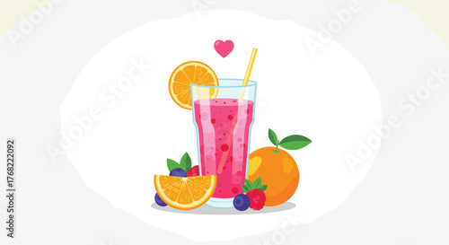 Healthy pink berry smoothie with fresh oranges and blueberries, garnished with a heart.