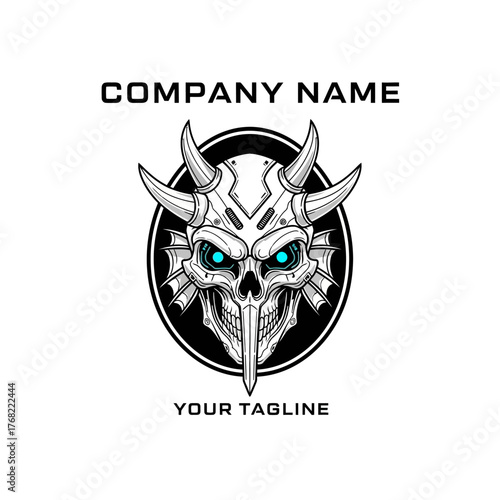 A striking black and white illustration of a demonic skull with glowing blue eyes and sharp horns, set within a circular frame, suitable for a company logo.