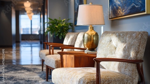 Elegant waiting room with modern chairs and stylish decor creates a welcoming atmosphere in a professional office space for clients and employees alike to relax and unwind