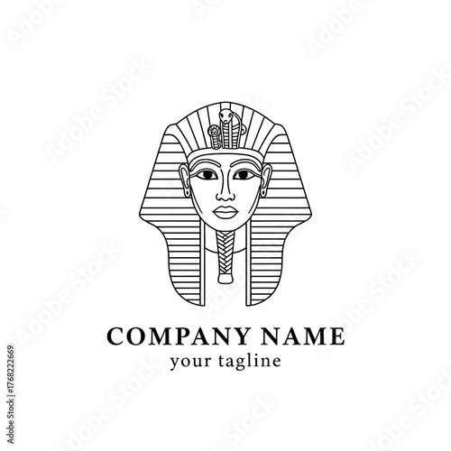 Egyptian pharaoh head with headdress, line art logo template.