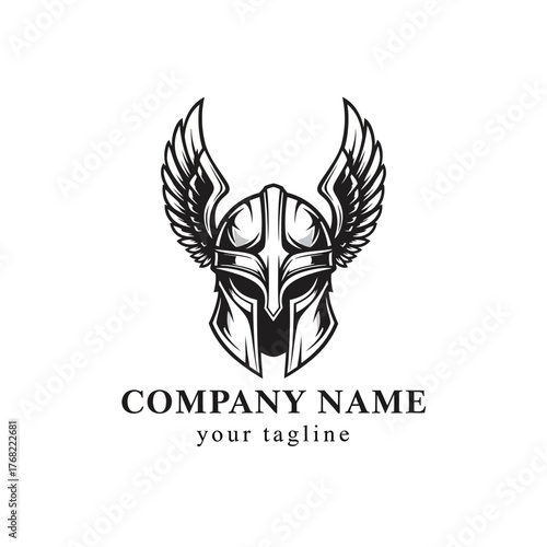 Black and white winged Spartan or Viking helmet logo design with company name and tagline placeholders, vintage style illustration.