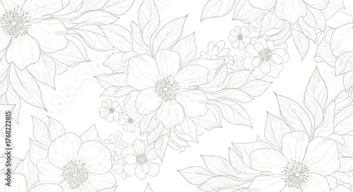 Seamless pattern of delicate line art flowers and leaves in soft pastel tones.