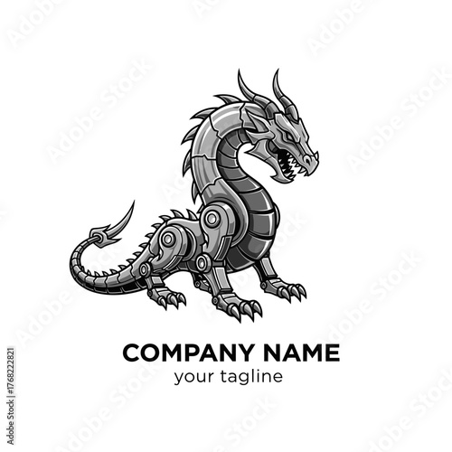 Monochrome illustration of a mechanical dragon with intricate details, suitable for a company logo.