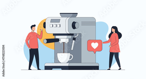 Two people admire an espresso machine as it brews a cup of coffee, symbolizing enjoyment.