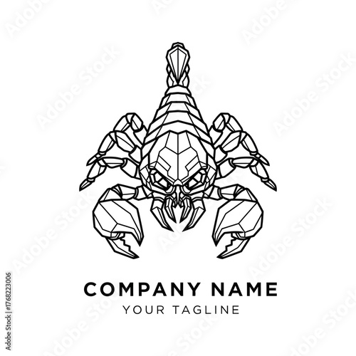 Geometric line art illustration of a scorpion with the text COMPANY NAME and YOUR TAGLINE below.