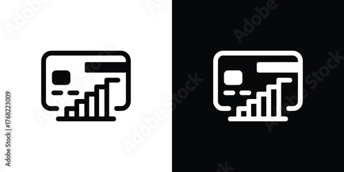Black credit card icon with growing bar charts on transparent background