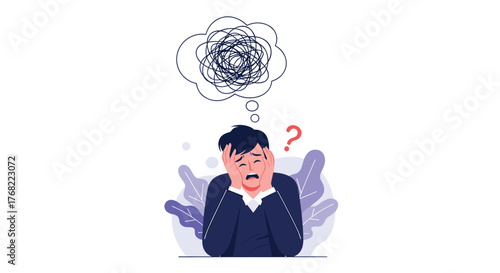 A man holds his head in his hands with a tangled thought bubble above him, symbolizing confusion and stress.