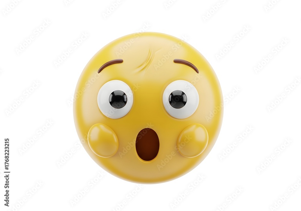 Fototapeta premium Close up of a yellow emoji face with wide eyes and an open mouth expressing shock or surprise isolated on a white background