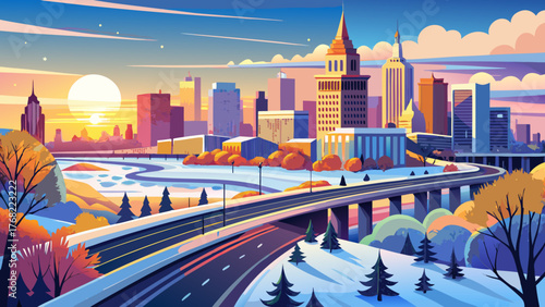 Very beautiful, sunrise over Hartford city skyline and historic landmark buildings along Interstate I-91, viewed from Charter Oak Landing on the Connecticut River, USA, showcasing a snow-covered winte