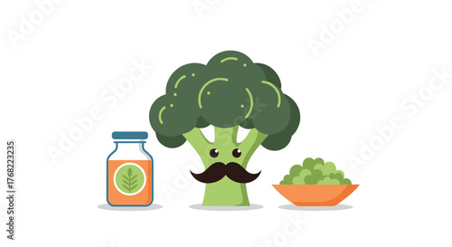 Cute cartoon broccoli character with a mustache, a bottle, and a bowl of peas.