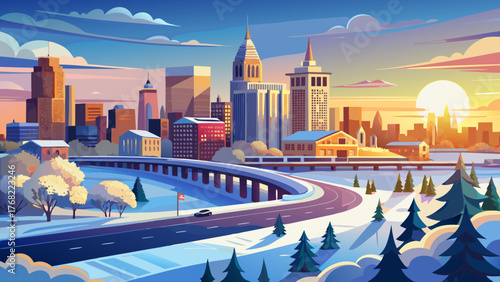 Very beautiful, sunrise over Hartford city skyline and historic landmark buildings along Interstate I-91, viewed from Charter Oak Landing on the Connecticut River, USA, showcasing a snow-covered 
