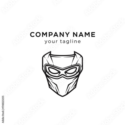 Black and white line art logo of a futuristic masked hero or ninja head for a company brand.