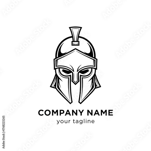 A bold, black and white line art logo featuring a stylized ancient Spartan or Roman helmet.