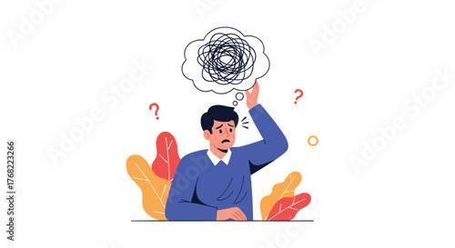Man with confused thoughts and question marks, representing anxiety or confusion.
