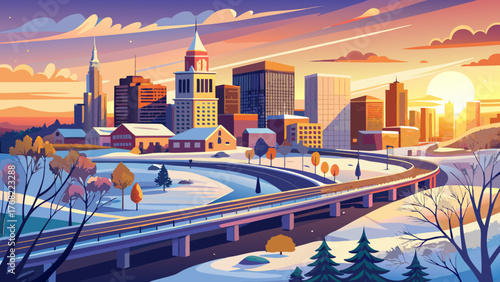 Very beautiful, sunrise over Hartford city skyline and historic landmark buildings along Interstate I-91, viewed from Charter Oak Landing on the Connecticut River, USA, showcasing a snow-covered 