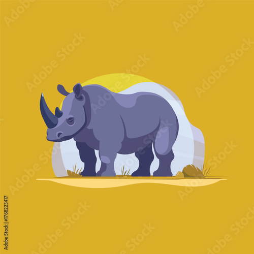 Rhinoceros on a yellow background. Flat vector illustration