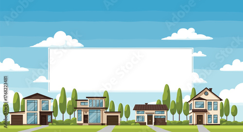 Bright sunny day over a suburban street with modern homes and trees.