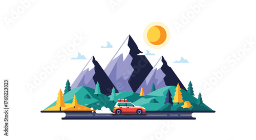 Flat vector illustration of a car on a road trip through a mountainous landscape under a sunny sky.