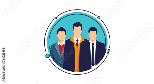 Illustration of three men in suits standing inside a circular frame on a white background.