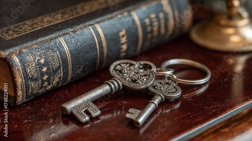 Antique keys resting near a vintage book evoke feelings of history, knowledge, and unlocking secrets, perfect for branding and design projects