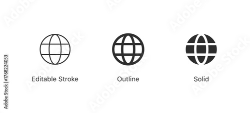 Global, Globe or world icon set. website icon in editable stroke, outline. for global network, internet, web, and international concepts, world, website, communication, and worldwide networking