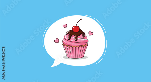 Cute cartoon cupcake with chocolate and cherry topping surrounded by hearts inside a speech bubble.